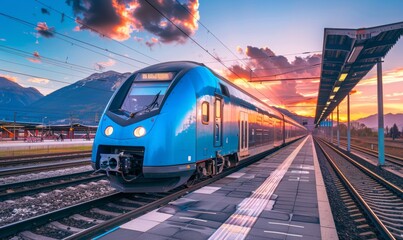 Wall Mural - A beautiful sunset scene with a modern high speed train at a railway station in Europe, and a colorful sky with clouds at sunset. Industrial landscape with a blue train on a railway platform.