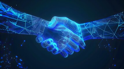 Two wire-frame glowing hands, handshake, technology, business, trust concept