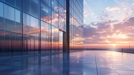 Poster - Business or office building. High-rise windows reflect clouds and sunlight. Vacant street outside the wall of a modern city. Growing up business.