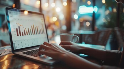 Sticker - A professional analyzing a graph on a laptop screen, with a cup of coffee nearby.