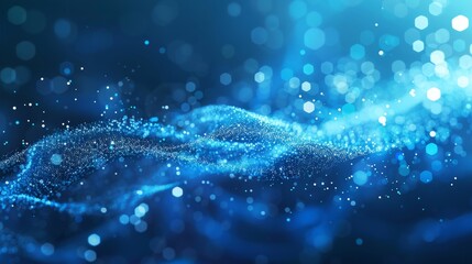 Poster - There are blurred bokeh particles around a polygon abstract blue background.