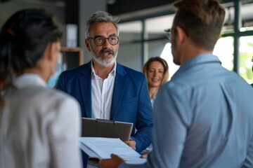 Poster - man with tablet, business people discussing goals and mission at a desk with diversity. teamwork, mo