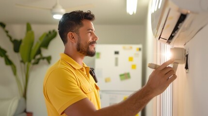 Wall Mural - A professional technician in uniform is installing air conditioning system, installation maintenance and repair concept.