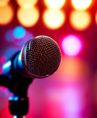 Wall Mural - microphone background bright light closeup concept idea indoor inside object 1 single still music entertainment audio concert equipment stage performance mic karaoke communication