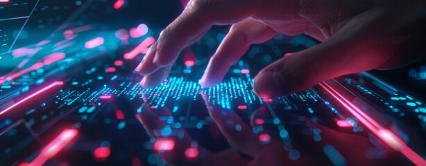 Poster - An interactive finger interacts with the backdrop of a keyboard and laptop, surrounded by a blue digital web of connections. Concept of digital transformation for the next technological era - Stock
