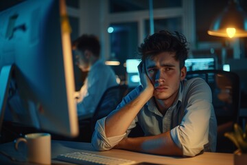 Poster - Male employee and consultant working late for a business with stress, headaches and burnout. Overworked and stressed employee and consultant working late with a migraine.