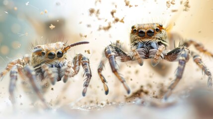 Two jumping spiders on a white background with blurry particles