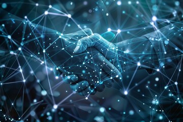 Poster - Stock, with a digital handshake on a blue technical background.