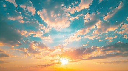 Poster - Colorful summer sunrise, rising sun in spring blue sky, white clouds