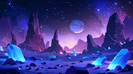 Poster - outer space ground scene with purple alien planet surface, rock and mountain landscape, and a blue n