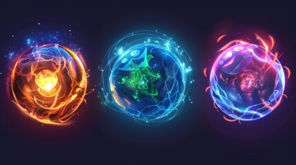 Wall Mural - Game magic ball and blue water sphere with crystal fireball. Fantasy wizard illustration. Neon portal or toxic fortune plasma set. Abstract round crystal element.