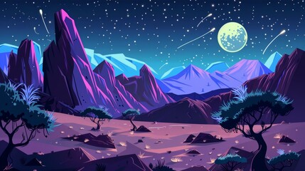 Canvas Print - Desert landscape at night with sand dunes. Cartoon illustration of a mysterious scene with a road cutting through the dark land; green grass, trees, and flowers. The full moon is shining in the