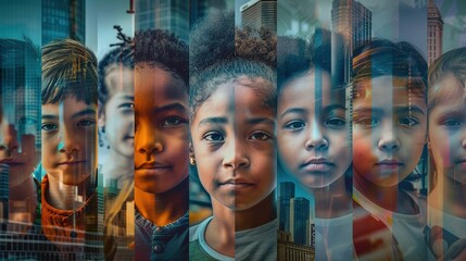 Sticker - composite portrait of early teens of different cultures headshots, including all ethnic, racial, and geographic types of children in the world outside a city street