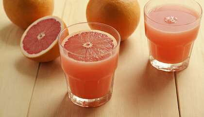 Two glasses of grapefruit juice, with a grapefruit slice in one and whole grapefruits nearby, on a wooden tabletop