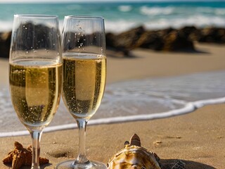 Two glasses of champagne sit on the sand near the ocean's edge