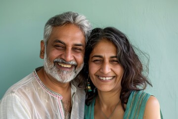 Wall Mural - Portrait of a happy indian couple in their 40s dressed in a breathable mesh vest on pastel green background