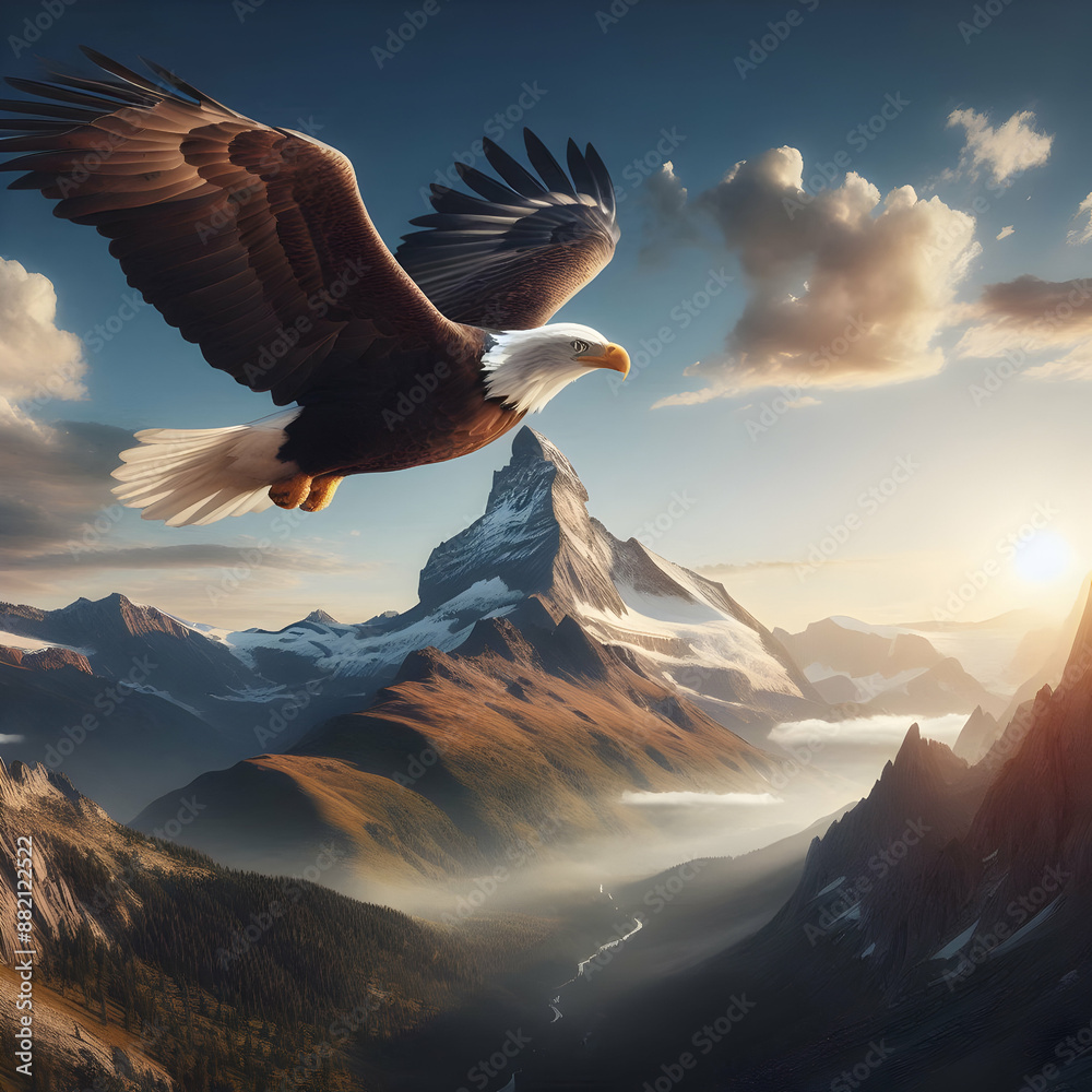 Photo Stock: Majestic Bald Eagle Soaring Over Mountain Landscape ...