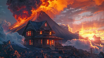 Sticker - a house standing in front of an erupting volcano, super realistic, very detailed, wide angle