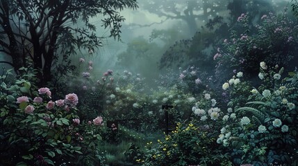 Sticker - a painting of an english garden, numerous violets, shrubs, roses, on a rainy, gothic, tenebrous day