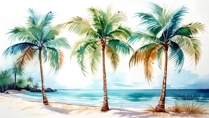 Wall Mural - Watercolor painting of palm trees under the summer sun. Illustration of palm trees on the beach with ocean sea. Background for prints and banners on the theme of Summer travel.