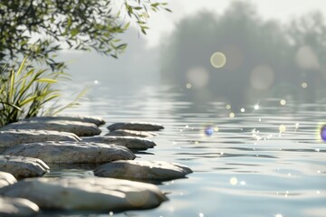 Wall Mural - Tranquil Water Surface with Sunlight Reflections at Sunset