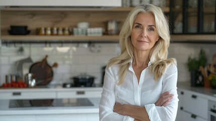 Sticker - Confident stylish mature mid aged woman standing at her modern home kitchen. Mature businesswoman, blond lady executive business leader manager looking at camera arms crossed