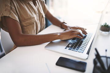 Aufkleber - Office, hands and writer with laptop for research, typing and information for news article with tech. Workplace, computer and digital journalist for planning, reading and creative writing for person
