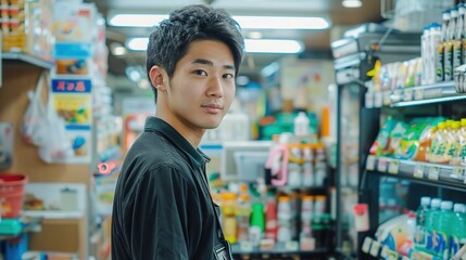 Wall Mural - Convenience store attendant posing looking at the camera