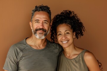 Wall Mural - Portrait of a satisfied mixed race couple in their 40s wearing a moisture-wicking running shirt in pastel brown background