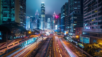 Wall Mural - Night Lights and Traffic in a Hong Kong Cityscape