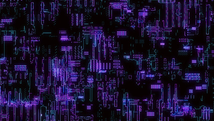 Poster - Printed circuit board. Visualization of advanced technology concept: PCB processor microchip, digitization of neural networks and cloud computing. Digital lines transmit data. Electronic computer