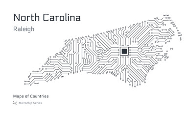 Wall Mural - North Carolina Map with a capital of Raleigh Shown in a Microchip Pattern. Silicon valley, E-government. United States vector maps. Microchip Series	