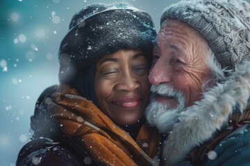 Wall Mural - Portrait of a blissful multiethnic couple in their 70s dressed in a warm ski hat isolated in soft blue background