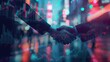 © 𝒚𝒖𝒎𝒎𝒚 - technical illustration of business people shaking hands There is a stock market graph with stocks going up and stocks going down together in the picture, close-up