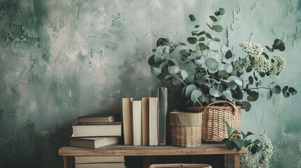 Canvas Print - Arrangement of eucalyptus branches books and basket by wall