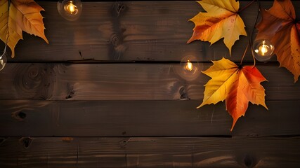 Rustic fall background of autumn leaves and decorative lights over a rustic background of barn wood. Image shot from overhead Generative  AI