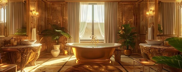 Poster - Lavish bathroom with an empty gold vanity set.