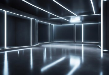 Wall Mural - lights room building bright reflections neon rendering dark abstract space text concrete 3d background white floor blue line architecture three dimensional glowing futuristic sci fi empty