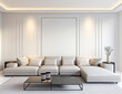 © It's design - Modern minimalist living room with white walls, large sofa, coffee table, and neutral decor. Ideal for luxury house interior design mockup and advertisement in minimalist style. Generative AI.