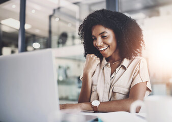 Wall Mural - Woman, happy and fist or office with laptop, business email and online confirmation for company deal success. Smile, good news and winner for work bonus, web design and project approval in workplace