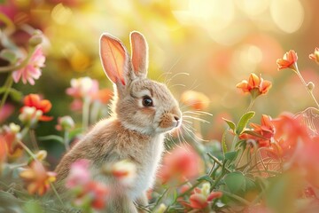 Cute rabbit sitting amidst colorful flowers in a sunny garden, with a beautiful bokeh effect in the background.