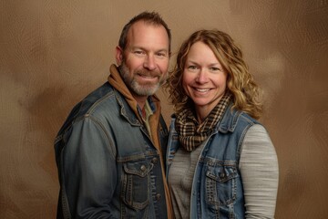 Poster - Portrait of a grinning caucasian couple in their 30s wearing a rugged jean vest isolated in soft brown background