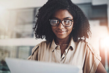 Aufkleber - Black woman, accountant and reading with documents for company budget, finance or corporate expenses at office. Young African, female person or employee with paperwork for financial plan at workplace