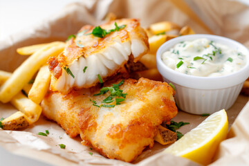 Wall Mural - A plate of fish and fries with a side of lemon wedges and a white bowl of sauce