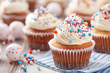 Wall Mural - A row of cupcakes with white frosting and colorful sprinkles