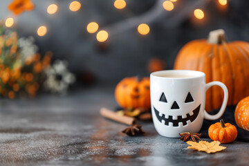 Wall Mural - Mug with scary Jack's face. Halloween background. Halloween pumpkin latte --ar 3:2 --personalize 6nbsia4 --stylize 700 Job ID: 9f81acd1-29b5-48ca-9257-fa489299ad00