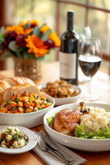 Wall Mural - A table with a variety of food and drinks, including a bottle of wine