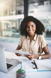 © peopleimages.com - Laptop, tablet and portrait of black woman at desk with notes, planning or happy corporate advisor in office. Businesswoman, online consultant or confident business development manager on digital app