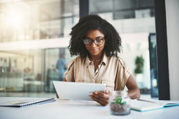 Poster - Woman, searching and tablet in office for business, working and planning schedule on digital app. Communication, email and employee in creative agency, online and company website with professional