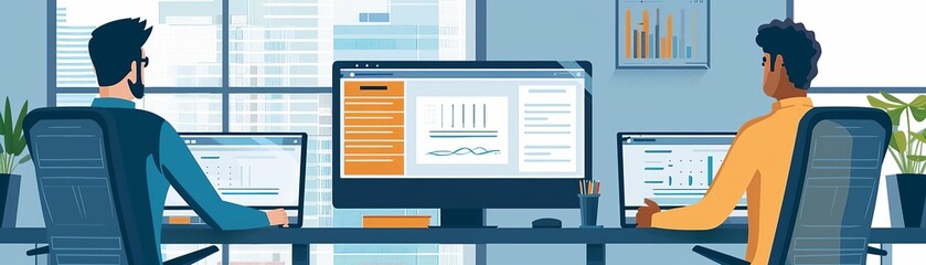 Efficient corporate development, flat design, front view, software theme, cartoon drawing, colored pastel